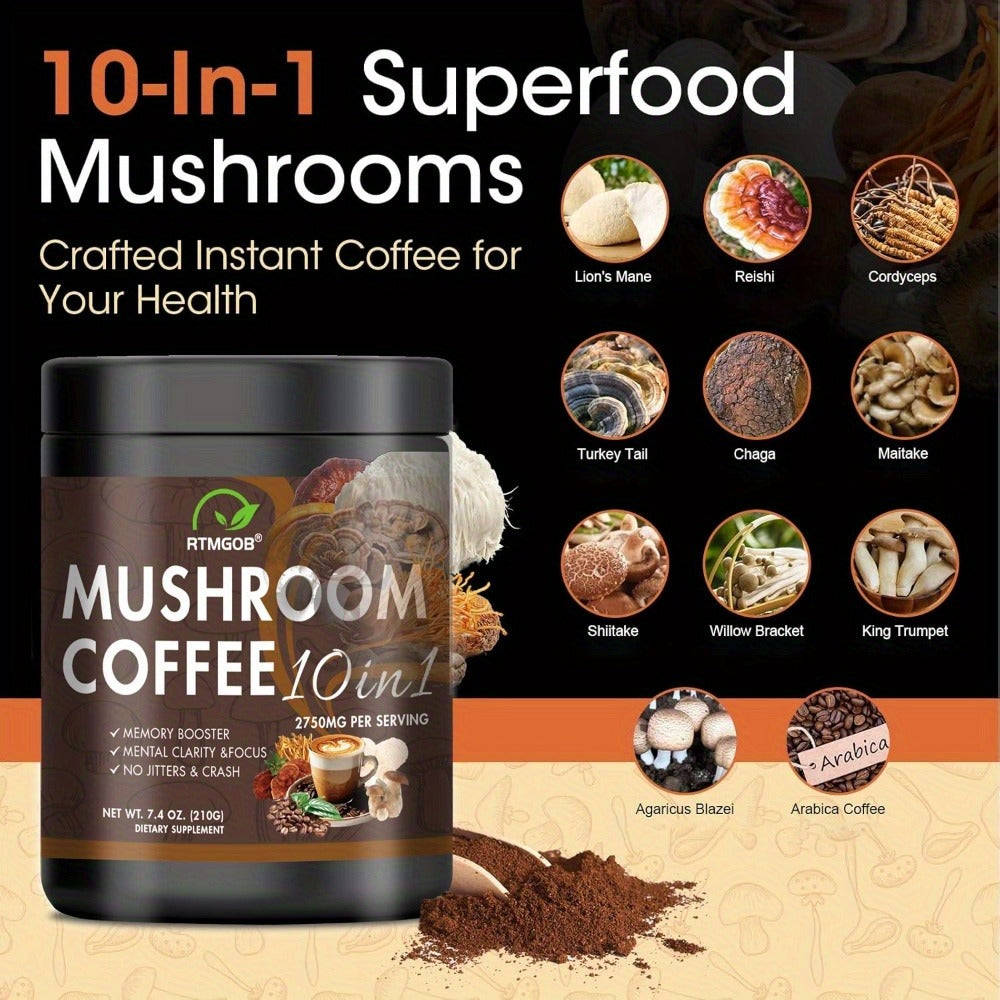 Mushroom Coffee Blend Powder 210g, Instant Coffee with Lion's Mane, Reishi, Cordyceps, Chaga & Chanterelle — image 4