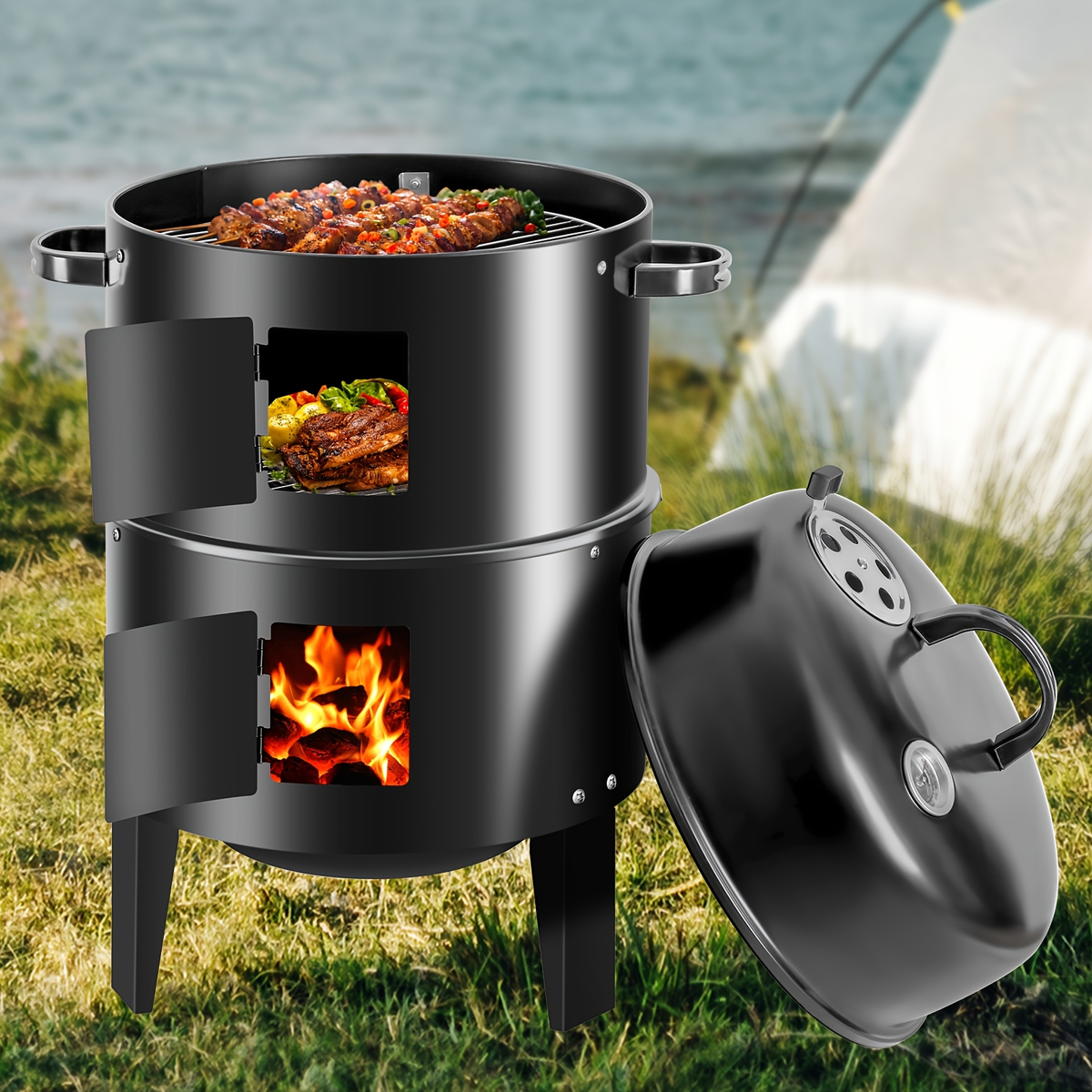 Charcoal Smoker Grill 16 Inch Vertical 3-Tier with Easy Temperature Control for Grilling, Camping and Outdoor Meals — image 1