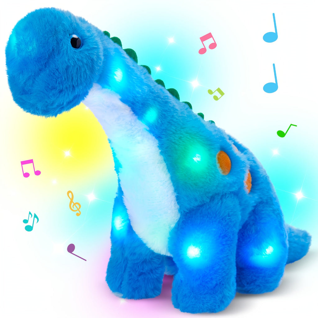 Plush Toy Blue Dinosaur with LED Glow and Optional Music for Colorful Interactive Display for Character Display, Room Decor a