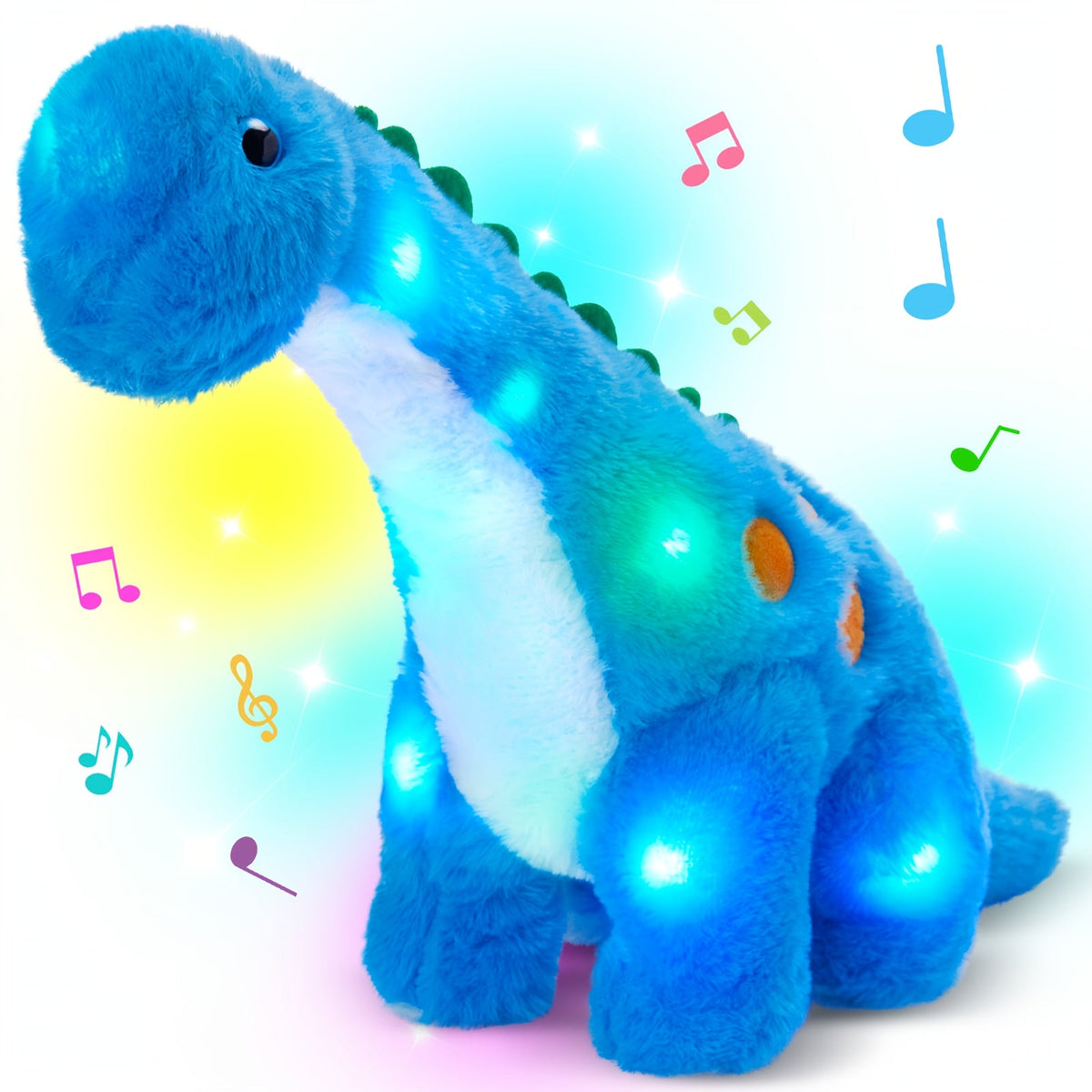 Plush Toy Blue Dinosaur with LED Glow and Optional Music for Colorful Interactive Display for Character Display, Room Decor a