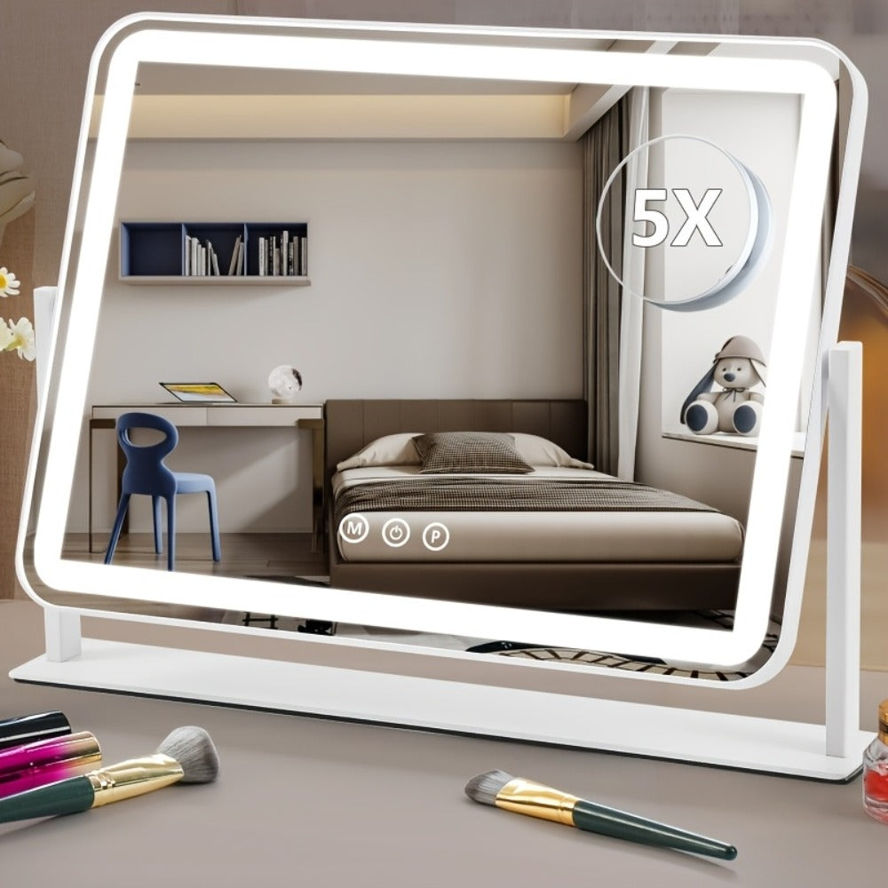 LED Vanity Mirror, Rectangular Tabletop Makeup Mirror with Touch Dimming and Three Light Colors on a Rotating Stand — image 2