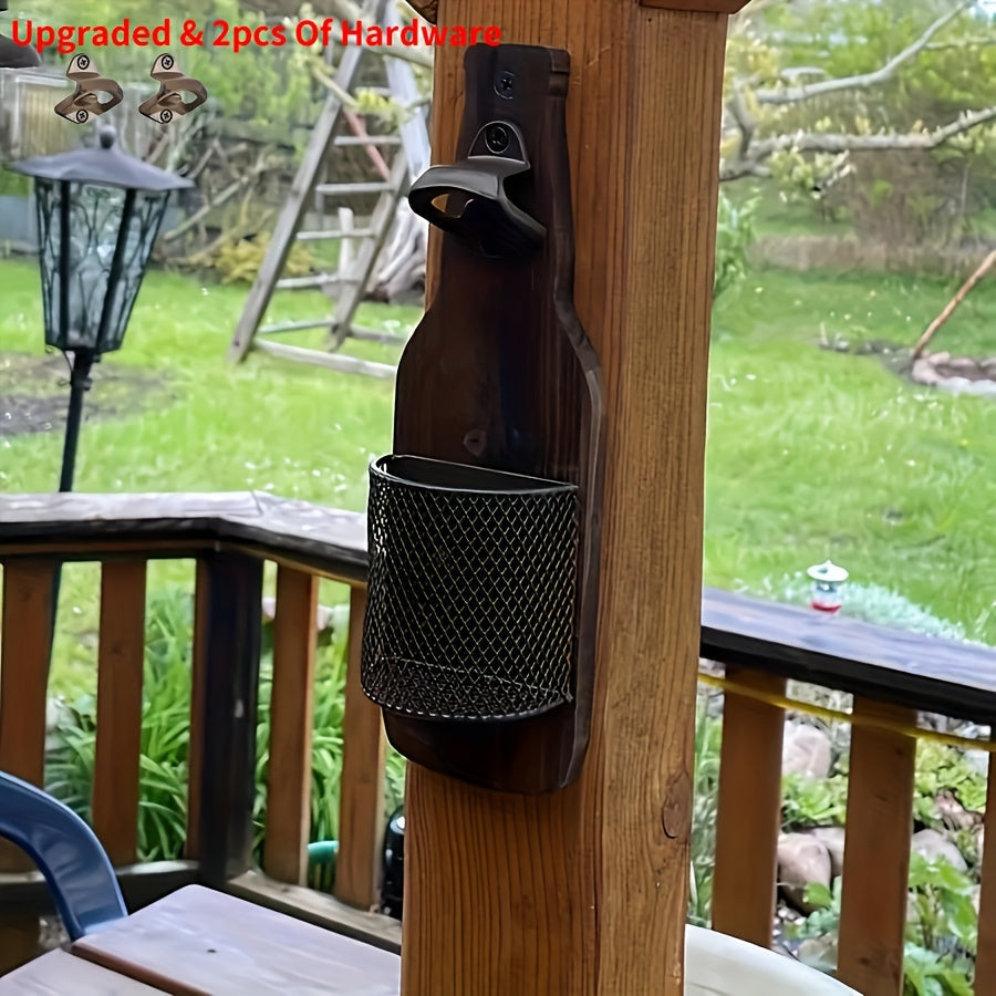 Wooden Bottle Opener Wall Mounted with Metal Cap Catcher – Handcrafted Rustic Beer Opener, Freestanding or Wall Mount, Holida