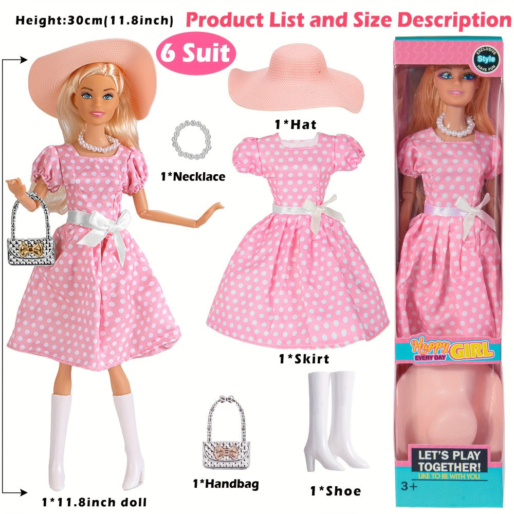 Six-Piece 11.5-Inch Fashion Doll Set with Mixed Outfits, Handbags, Hats, Necklaces and Suitcase Accessories — image 12