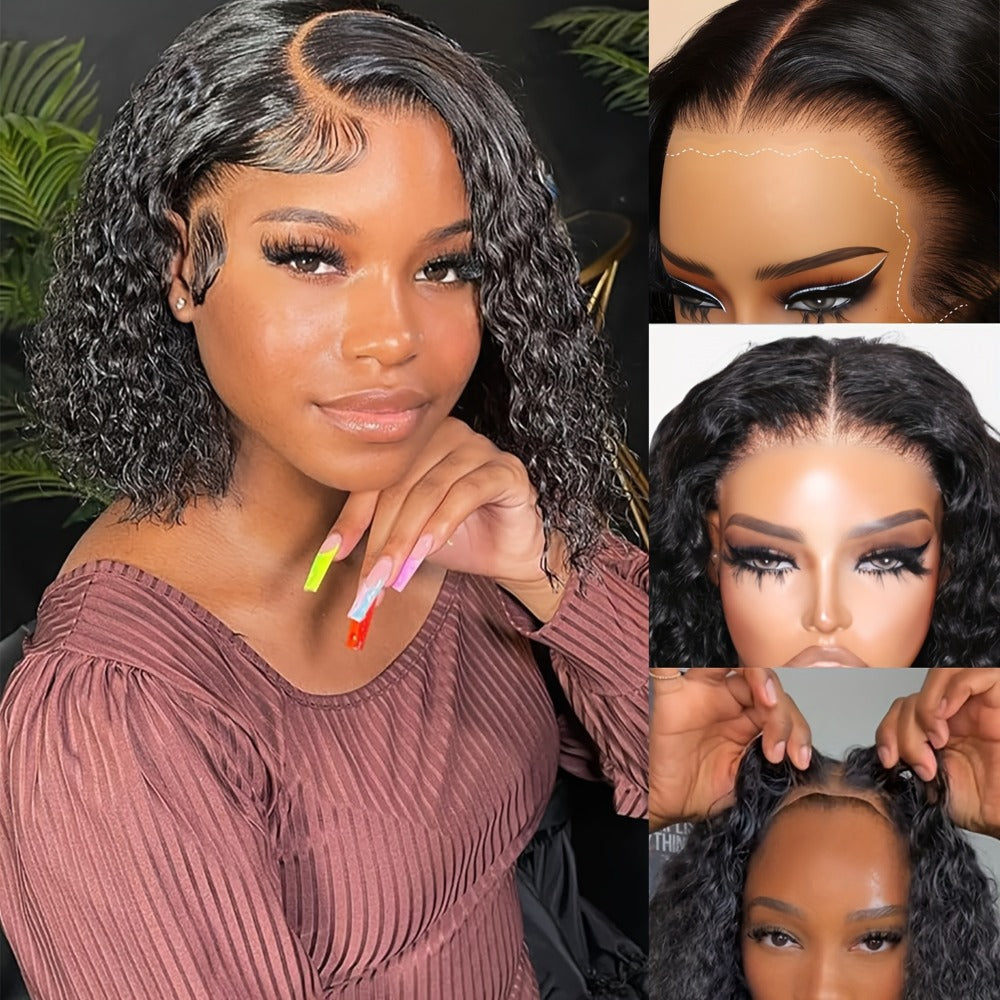 Glueless Bob Wig Human Hair 13x4 Pre Cut Lace 200% Density Wear and Go Deep Wave Body Wave Pre, for Home, Travel and Salon Ha