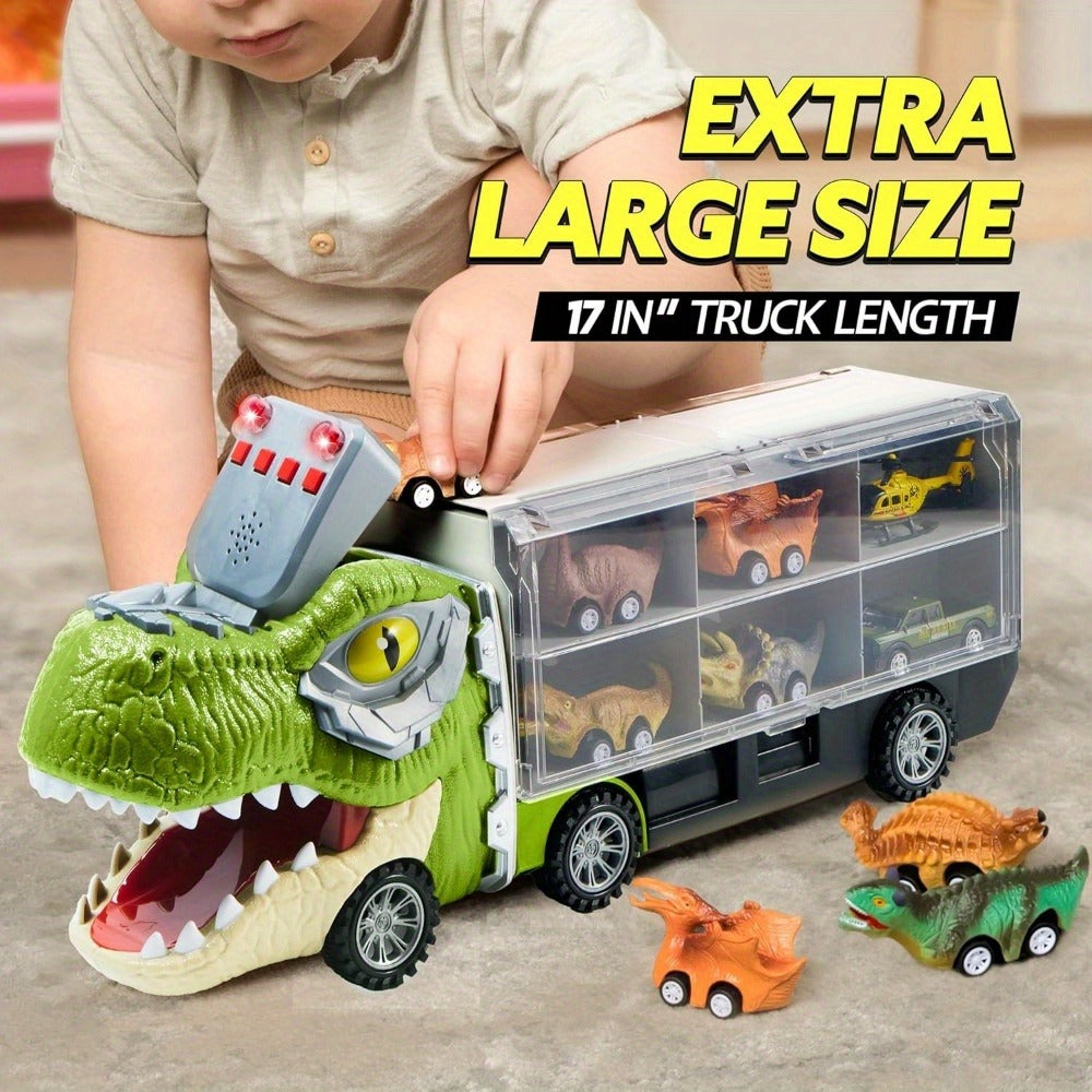 Dinosaur Truck Toy Set 13 PCS, Transport Carrier Truck with Lights & Sounds + 8 Pull-Back Cars + 3 Die-Cast Dino Vehicles + H