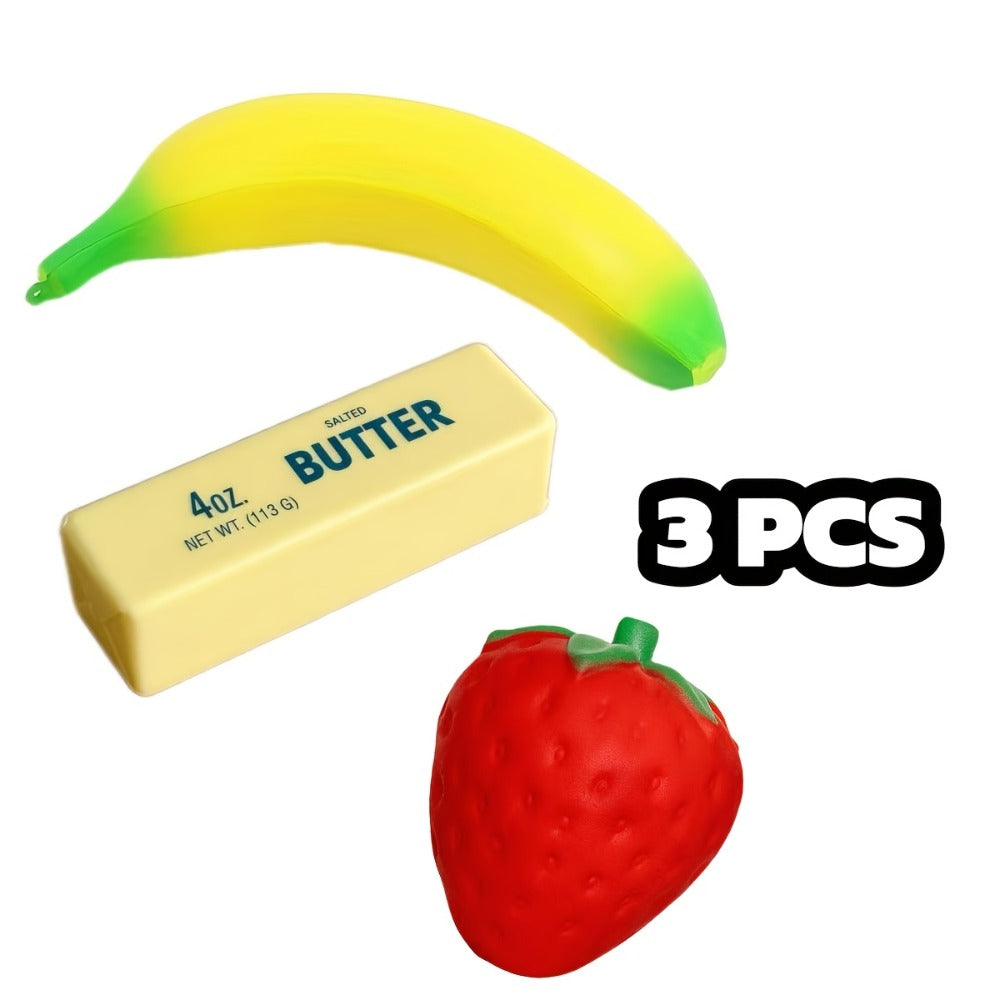 Squishy Food Toy Set 3pcs Slow Rising PU, Pretend Play Simulation Food Butter Banana Strawberry, Sensory Squeeze Stress Toy —
