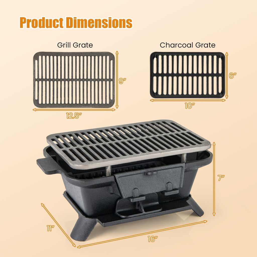 Cast Iron Charcoal Grill Portable Hibachi Tabletop BBQ Grill 16x11in Double-Sided Grate for Grilling, Camping and Outdoor Mea