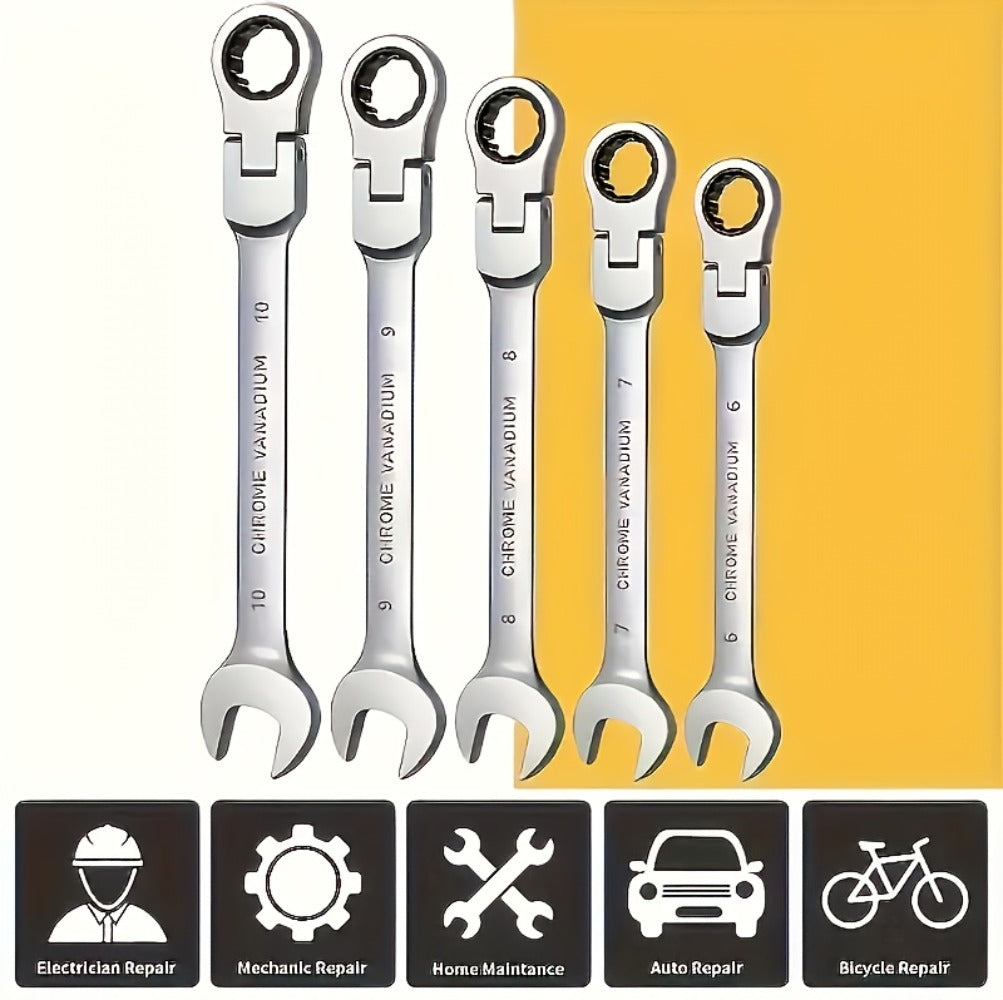 CR-V Flex Head Ratchet Wrench Set 5-Piece – 2-in-1 Reversible Open End & Hex Socket Dual-Purpose Kit | Automotive Engine Bay,