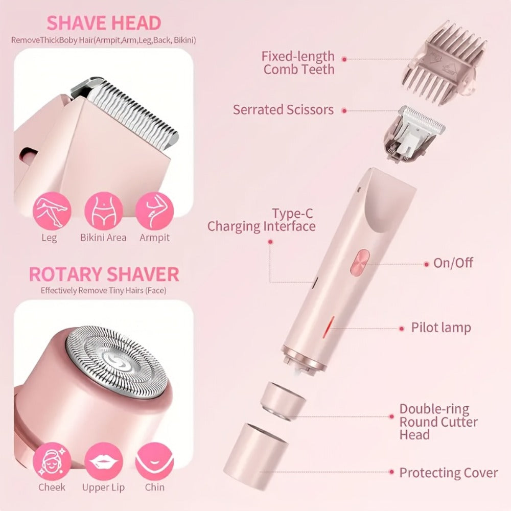 Bikini Trimmer Electric 2-in-1 Rechargeable Dual-Head Face Shaver for Women – Stainless Steel Blade USB Cordless Hair Remover