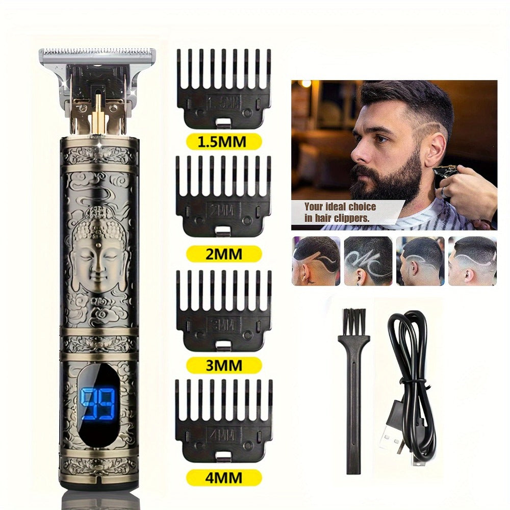 Hair Clippers & Trimmers Vintage Gold T-Blade Model with LCD Display, USB Charging and Three Etched Designs — image 5