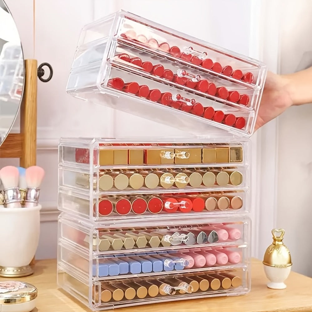 Clear Acrylic Makeup Organizer 5-Tier with Drawers Dustproof Cosmetic Storage for Lipstick Foundation Brushes Skincare — imag