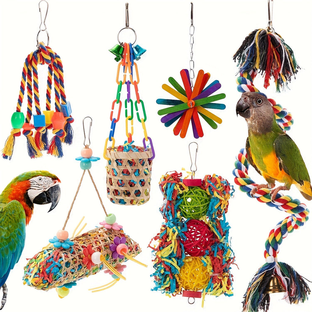 Six-Piece Hanging Bird Toy Set with Wood, Paper, Plastic Rings, Bell, Rope and Metal Hooks for Small Parrots — image 1