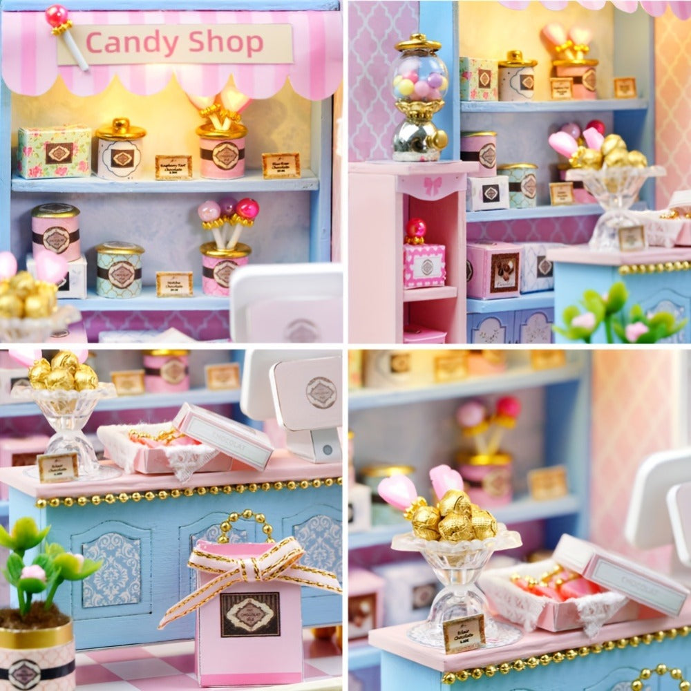 DIY Miniature Shop Dollhouse Kit with Dust Cover, Wooden Mini Store Assembly Set, 4 Themes Sakura Noodles Candy Atelier Coffe