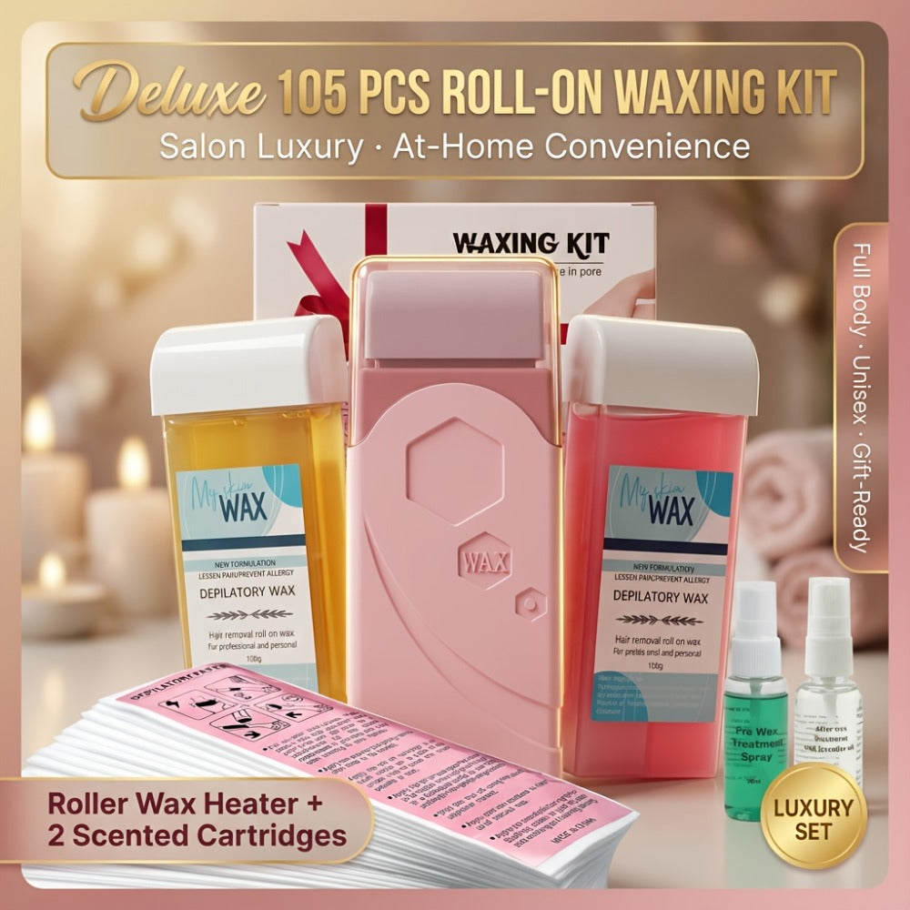 Roll On Wax Kit 105 Piece Complete Home Waxing Set – 2 Roll On Wax Rollers, Wax Warmer, 100 Waxing Strips, Lavender Oil & Pre