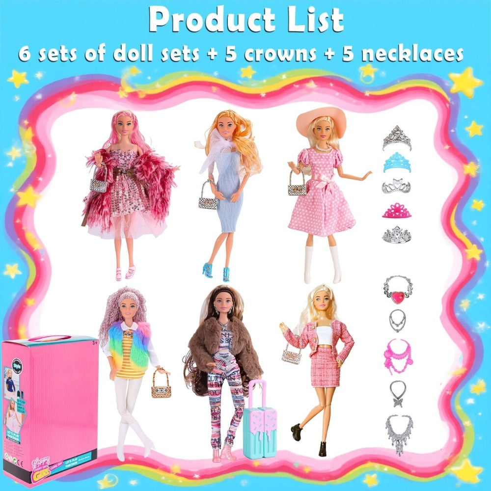 Six-Piece 11.5-Inch Fashion Doll Set with Mixed Outfits, Handbags, Hats, Necklaces and Suitcase Accessories — image 2