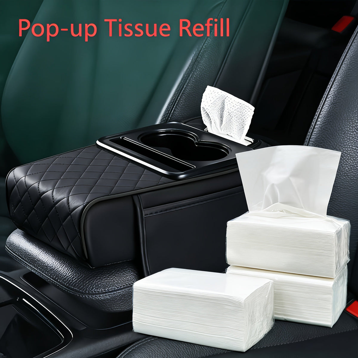 Car Center Console Cover PU Leather – Universal Armrest Box Mat with 2 Cup Holders & 2 Side Pockets, Phone & Card Storage — i