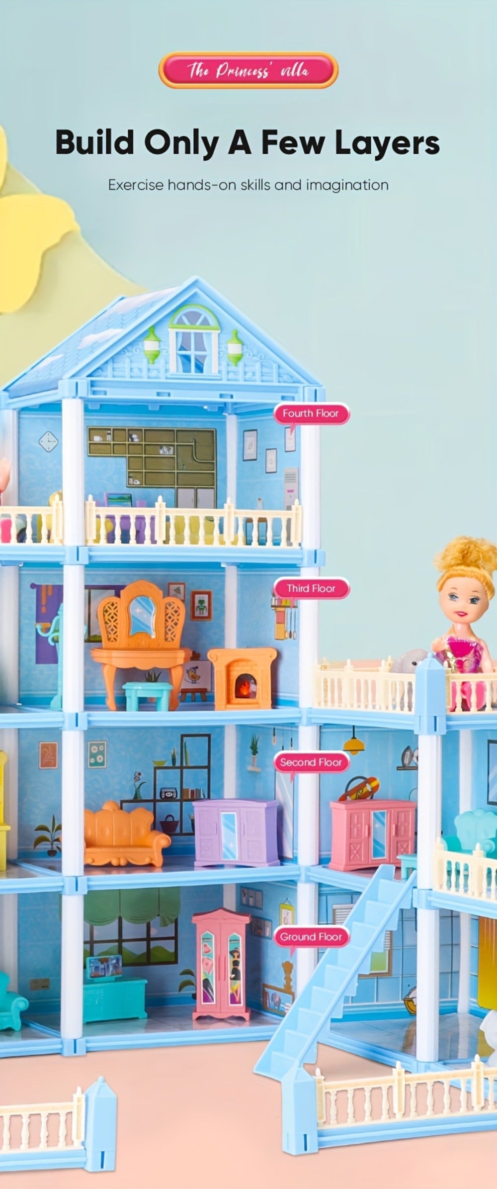 Princess Doll House Castle with Furniture & Accessories, Pink or Blue Mini Villa Playset 14 to 27 Rooms — image 21