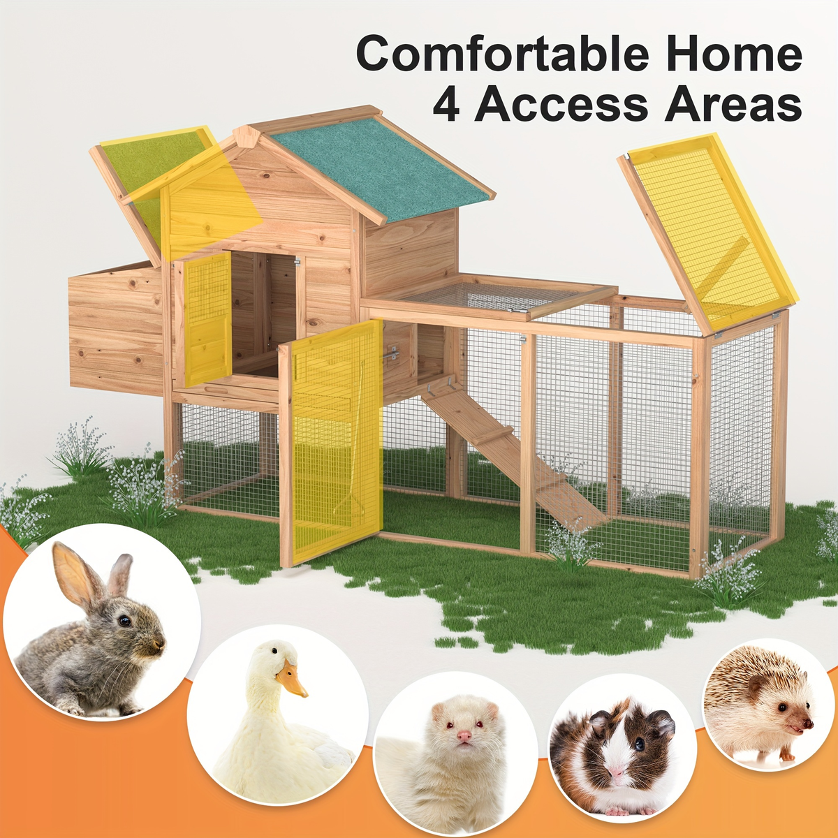 Wooden Rabbit Hutch Outdoor Chicken Coop with Run Nesting Box Ramp Sliding Tray Asphalt Roof Fir Wood for Garden, Patio and Y