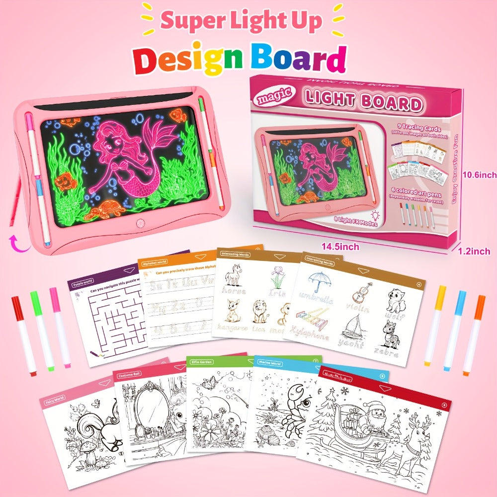 LED Light Up Drawing Board for Kids, 9 Double-Sided Tracing Cards 6 Markers Glow Doodle Travel Art Toy for Girls Boys Ages 3-
