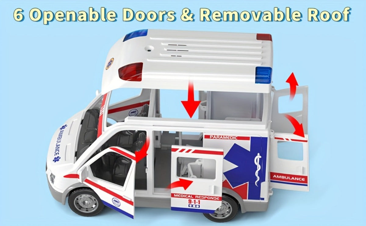 Ambulance Toy Playset for Kids Ages 3-8, Realistic Friction-Powered Emergency Vehicle with Flashing Lights & Siren Sound — im