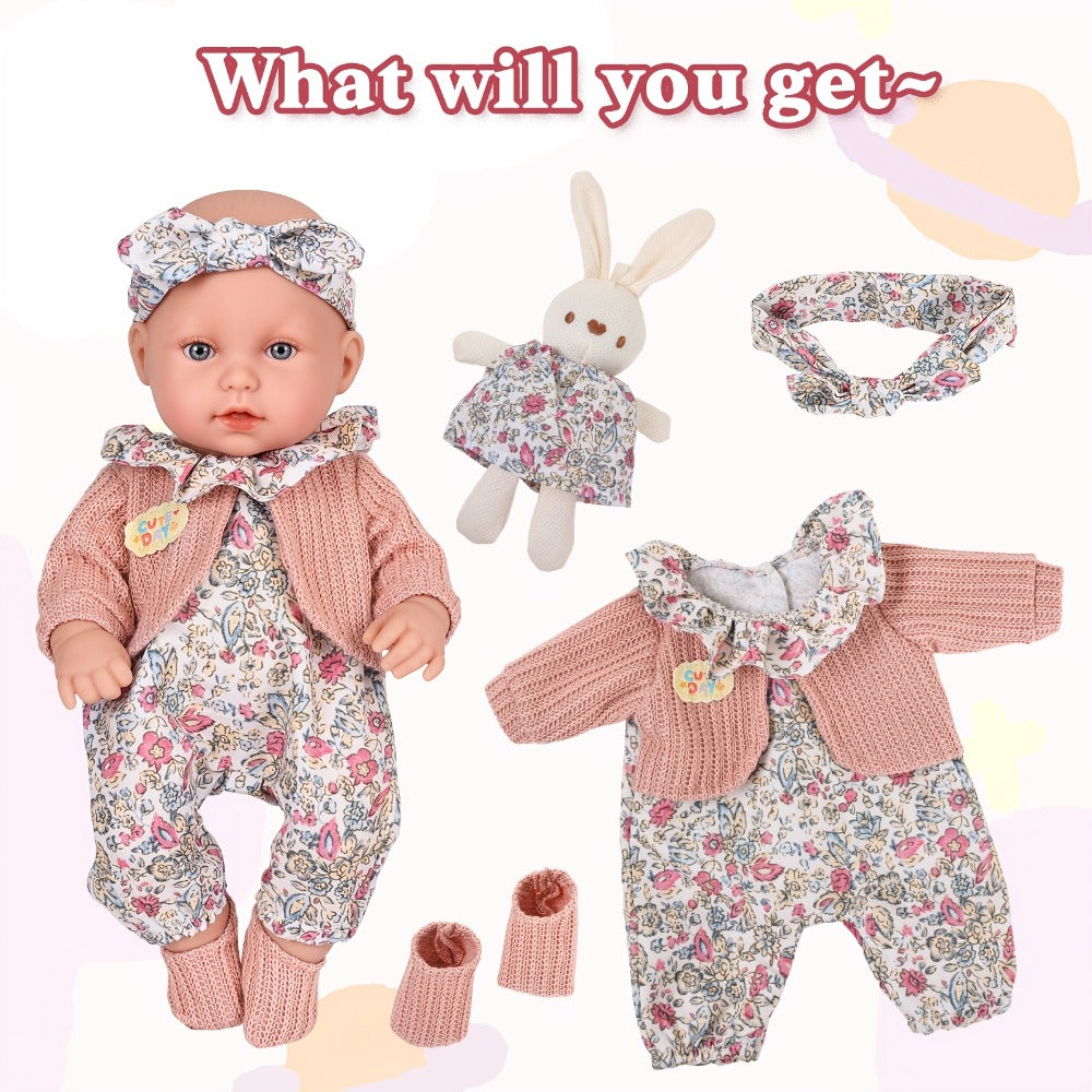 Floral Dress Baby Doll 12 Inch with Rabbit Plush Toy Gift Set, Realistic Vinyl Doll with Floral Outfit — image 13