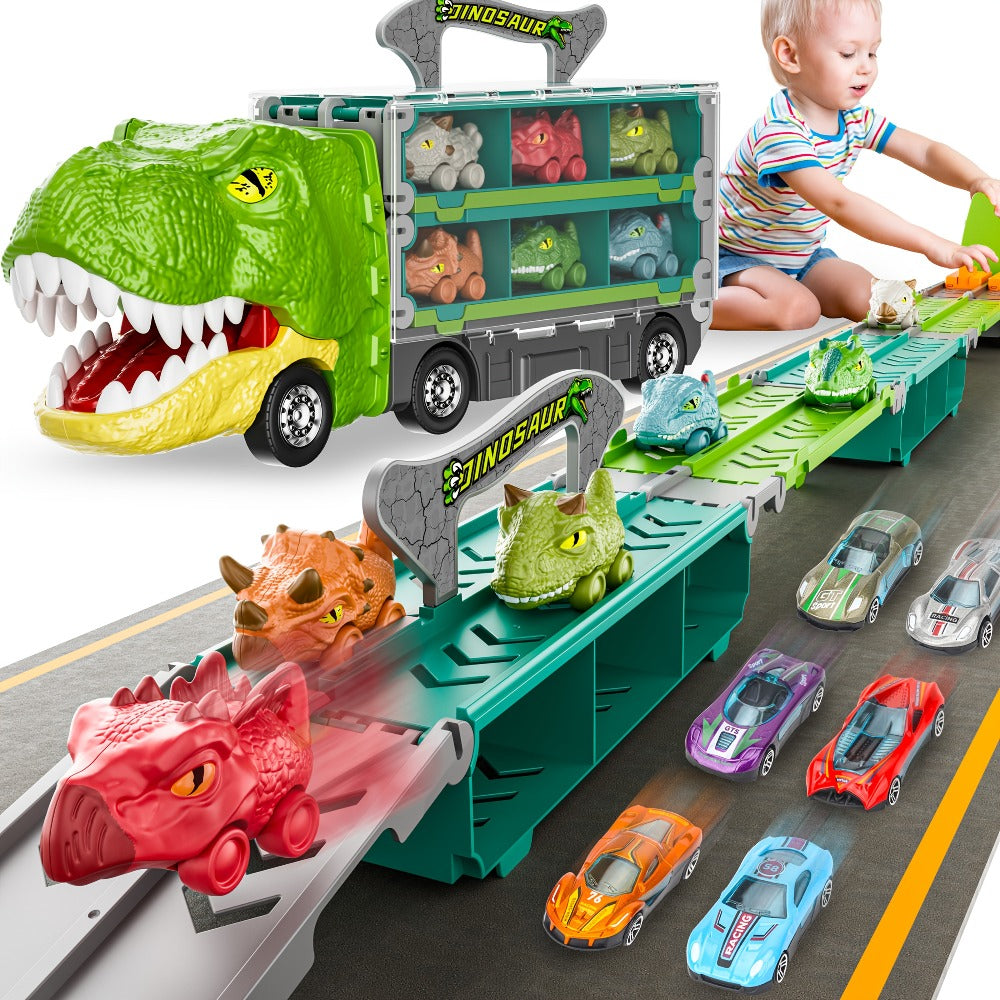 Dinosaur Truck Toys 13-in-1 Transport Carrier with 63-Inch Foldable Race Track, 6 Dino Cars + 6 Die-Cast Cars — image 2