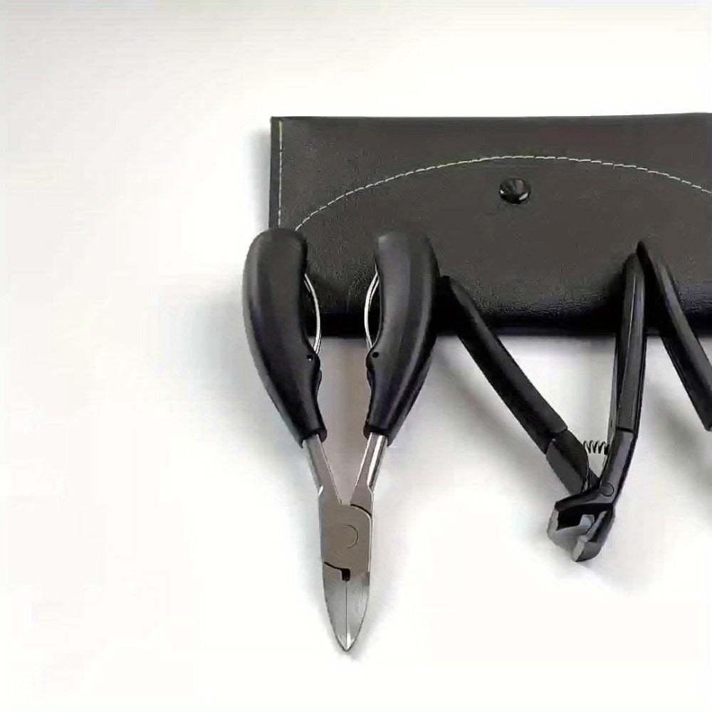 Wide-Jaw Nail Clipper Set, Six-Piece Black-Handle Kit with Curved, Slanted and Narrow Tools, Lifter, File and Storage Pouch —