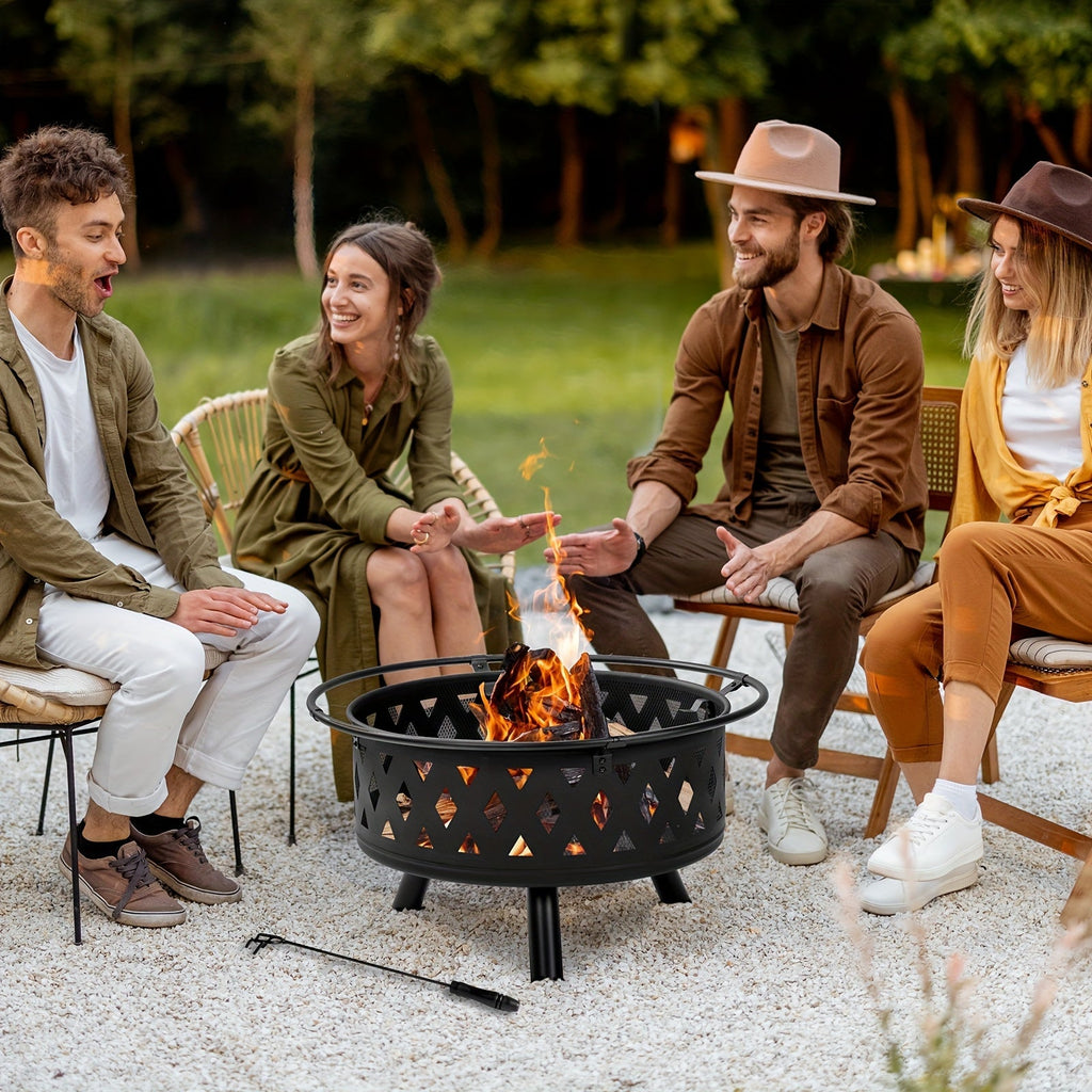 Square Fire Pit Table 32 Inch Metal Wood Burning Outdoor Fire Pit with Mesh Lid, Poker & Tabletop for Backyard Patio Garden G