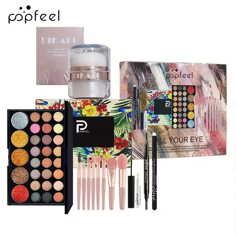Makeup Gift Set POPFEEL 29-Color Eyeshadow Palette + Mascara + Eyeliner + Brow Pencil + Highlighter Powder + 7-Piece Brush Se