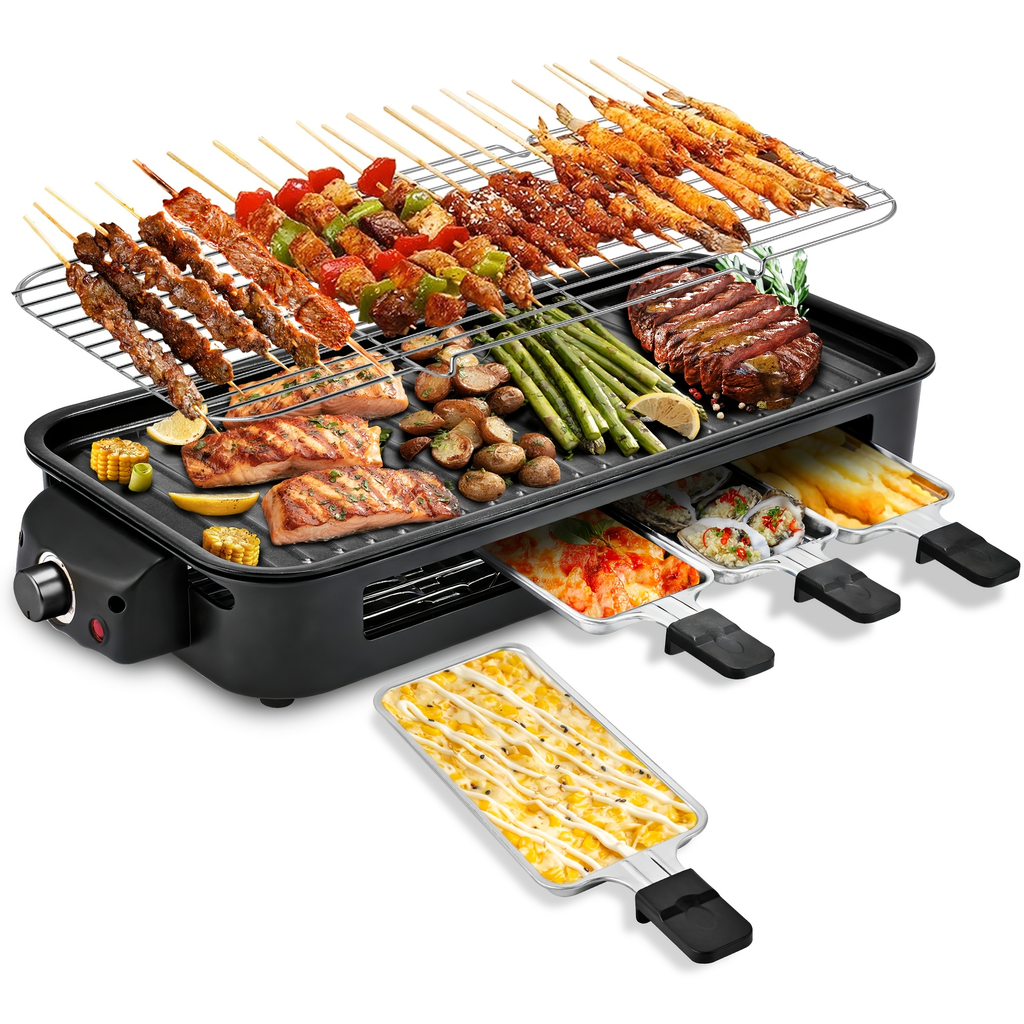 Indoor Electric Smokeless Grill 1700W with Raclette Pans, Non-Stick Plate, Portable Tabletop BBQ Griddle for Couples — image 