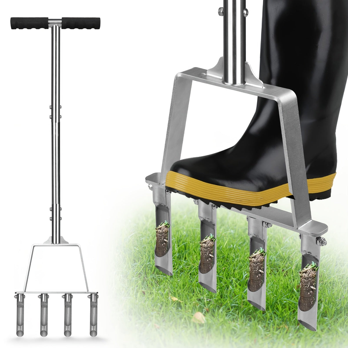 Four-Tine Manual Lawn Core Aerator in Black with T-Handle, Foot Bar and Hollow Plugging Tubes — image 2