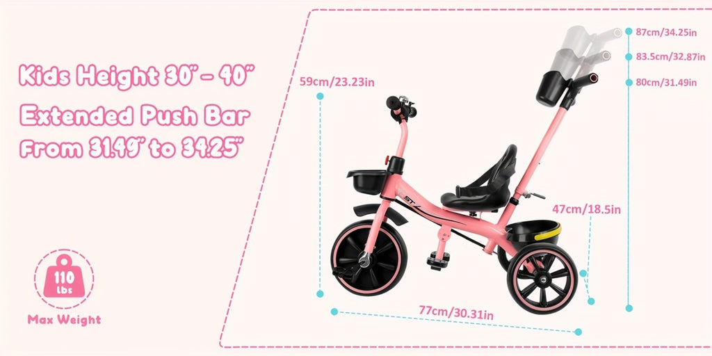 Push Handle Tricycle for Toddlers Girls Pink, 3 Wheel Trike Ages 18-60 Months with Padded Backrest — image 12