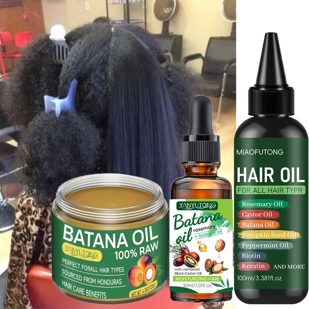 Biotin Hair Oil 3-Piece Set with Cold-Pressed Bataina Oil Essential Oil & Conditioner, Strengthens Breakage Split Ends Enhanc