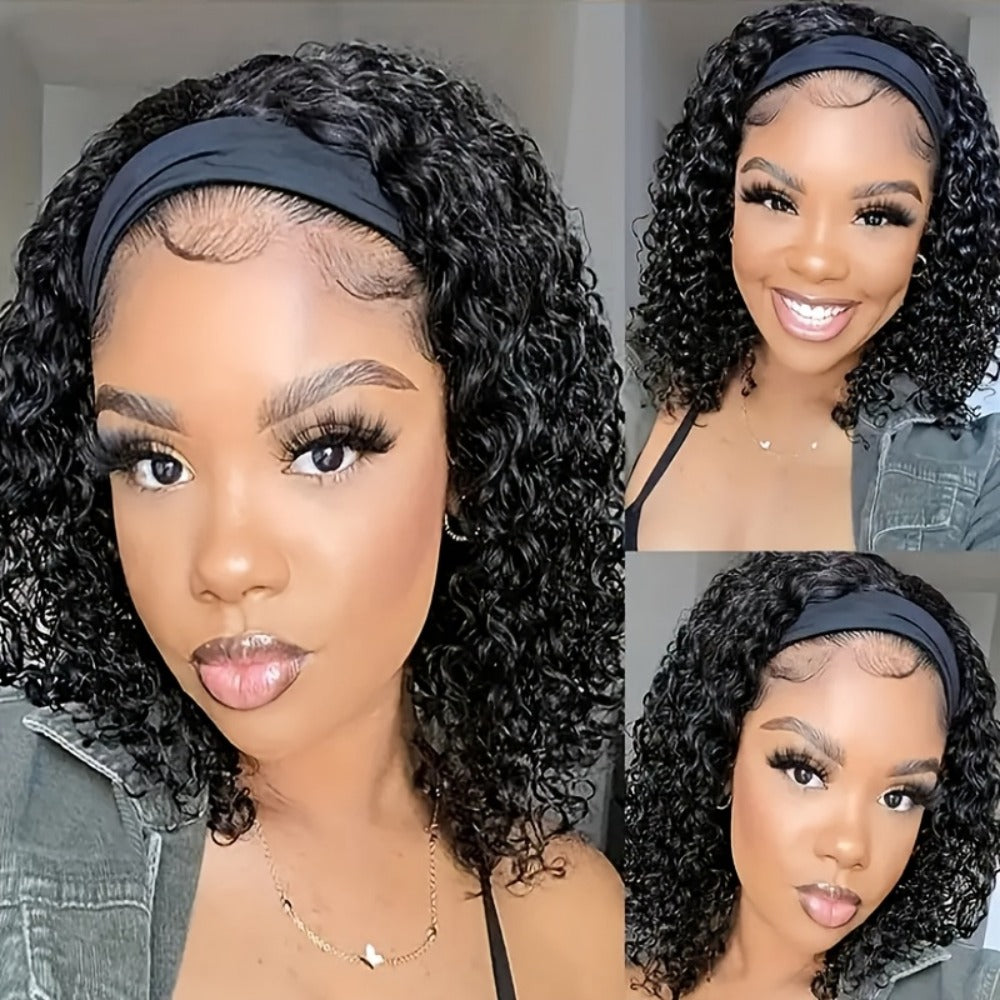 Headband Wig Human Hair Short Curly Pixie 14 Inch No Glue No Lace Glueless Wear and Go Natural, for Home, Travel and Salon Ha