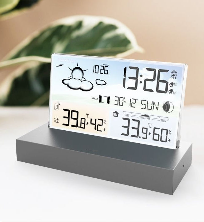 Transparent glass weather clock 3396C color screen RF wireless multi function weather forecast electronic alarm clock