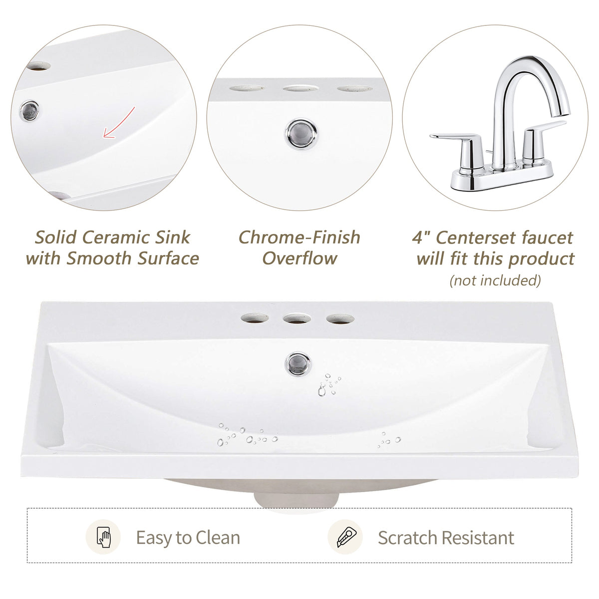 24" Bathroom Vanity Top Only White Basin 3-Faucet Holes  4" Faucet Available Ceramic