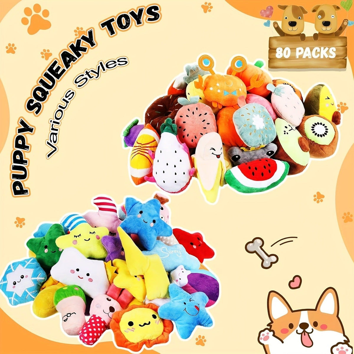 Dog Toys 80-Piece Squeaky Plush Assortment with Fruit, Animal and Novelty Shapes for Small or Medium Dogs — image 5