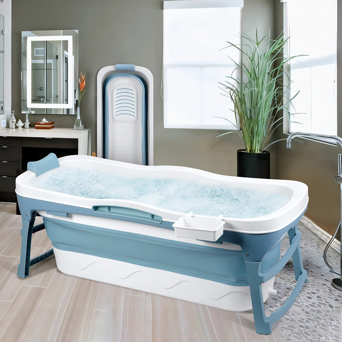 Rectangular Collapsible Adult Soaking Tub in Blue with Rigid Folding Frame, Thermal Cover and Drain Hose — image 3