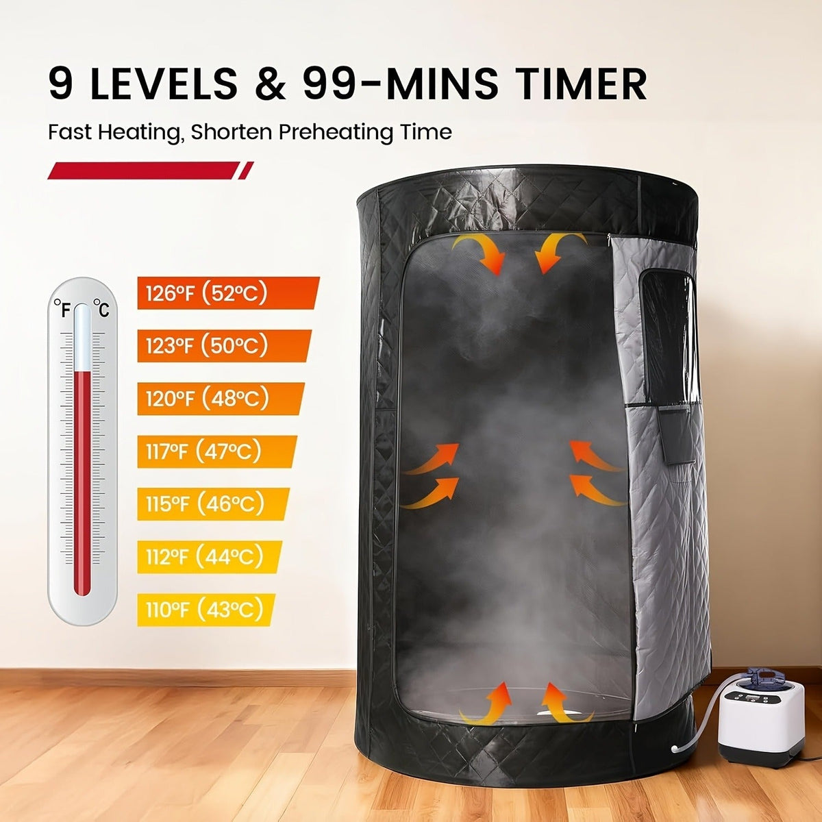 Home Steam Sauna Tent 1200W Personal Spa Box with 10-Min Fast Heating, 9 Heat Levels, 101oz Steamer — image 3