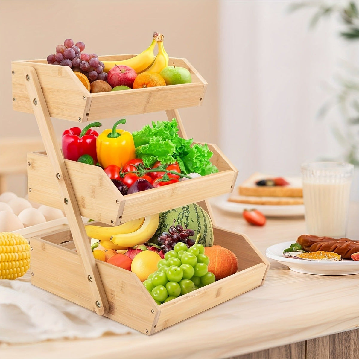Fruit Basket Stand 2 & 3 Tier Wooden Countertop Organizer Large Capacity Kitchen Storage for Fruits Vegetables Bread Produce 