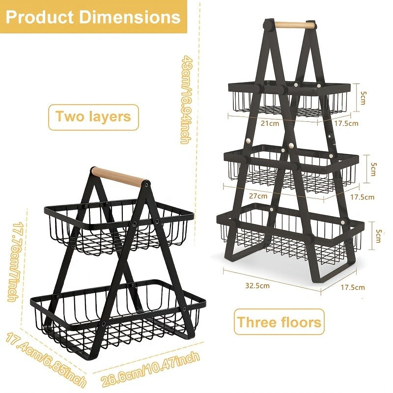Fruit Basket Kitchen Organizer 2 or 3 Tier Metal Stand with Removable Wooden Handles for Countertop — image 4