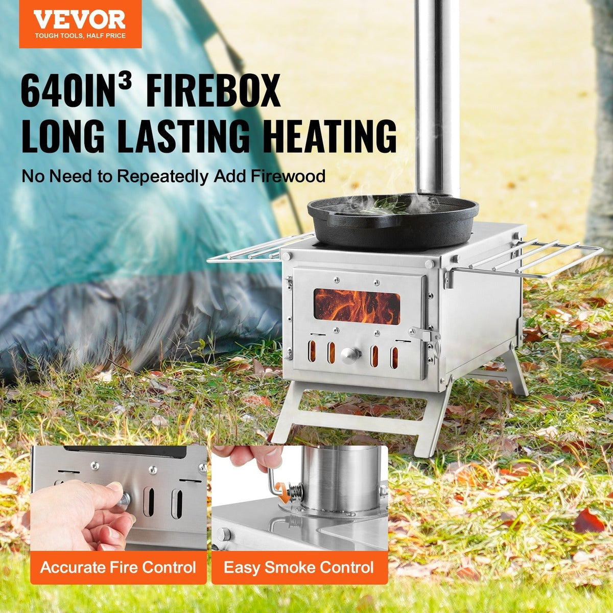 Wood Stove Camping Tent Stove 80 Inch Stainless Steel, 700in³ Firebox, 8 Accessories, BBQ Grill Plate — image 1
