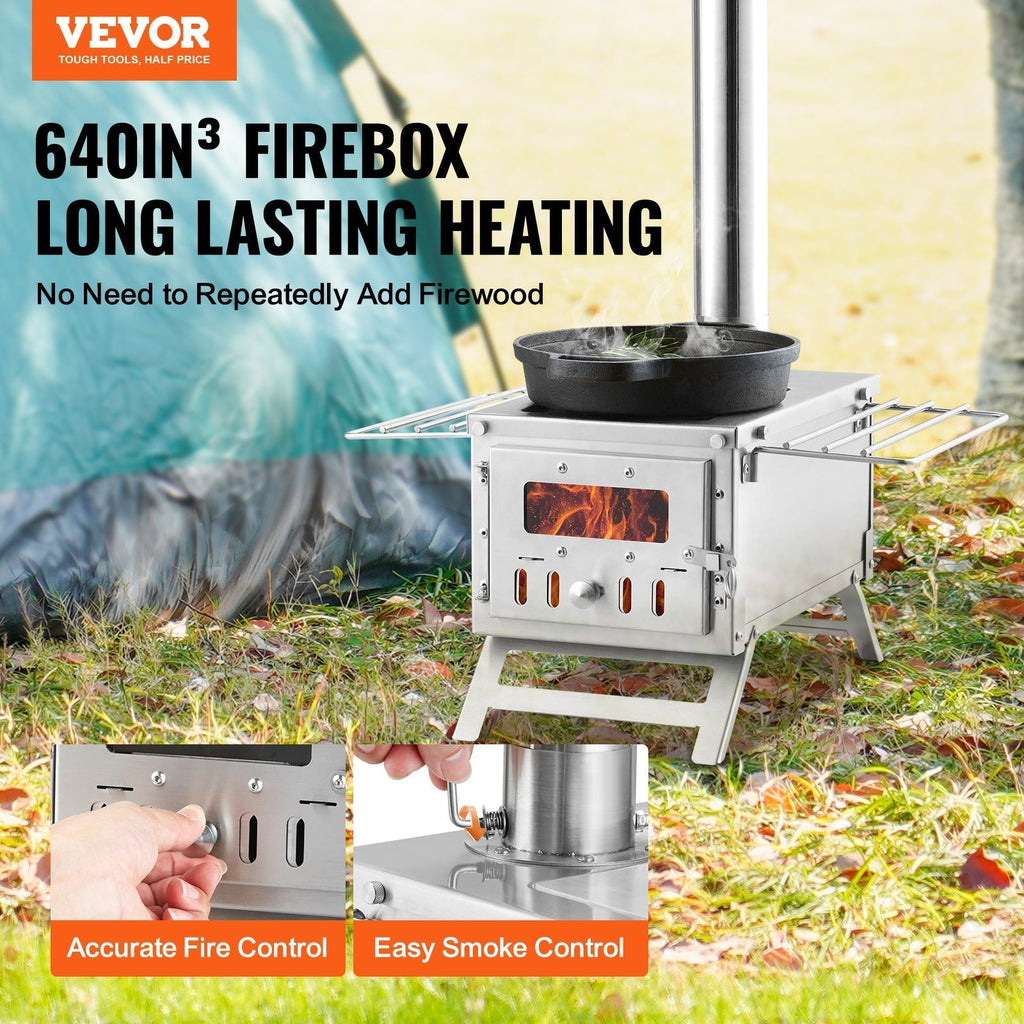 Wood Stove Camping Tent Stove 80 Inch Stainless Steel, 700in³ Firebox, 8 Accessories, BBQ Grill Plate — image 3