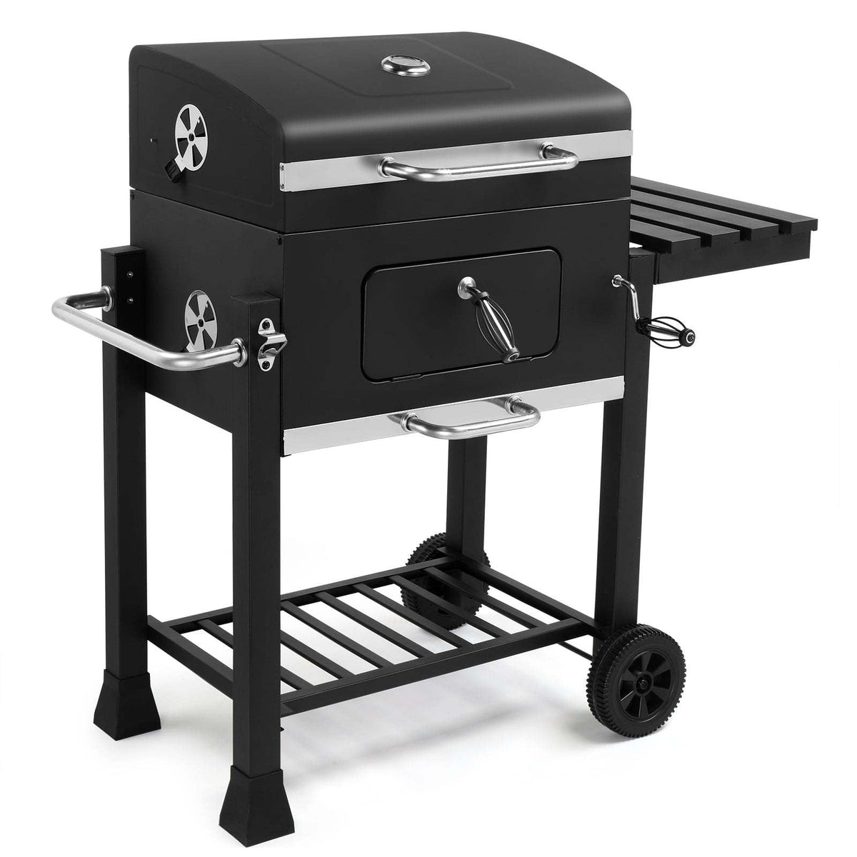 Cart Charcoal Grill with Adjustable Pan, Lid, Wheels, Lower Rack, Thermometer and Folding Side Shelf — image 3