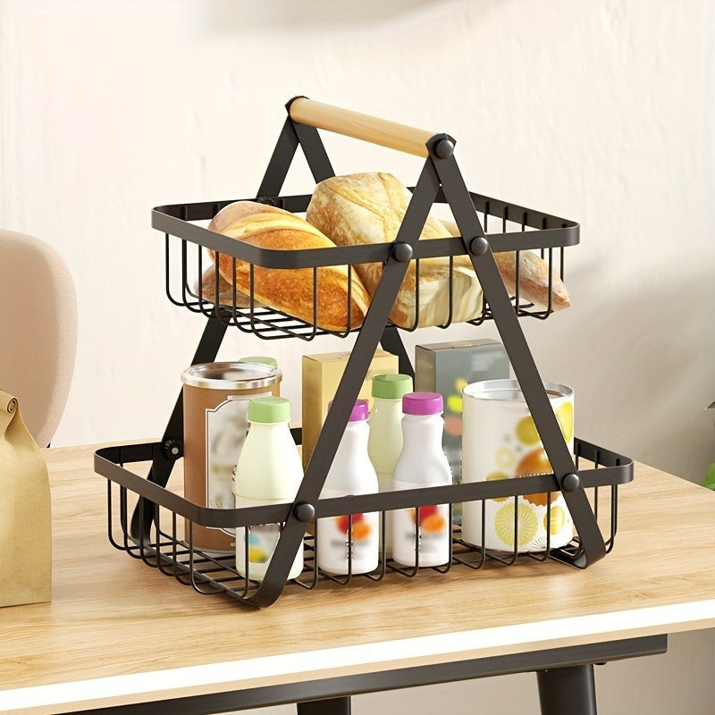 Two-Tier Black Wire Fruit Basket with Wood-Look Carry Handle and 12.2-Inch Countertop Frame — image 3