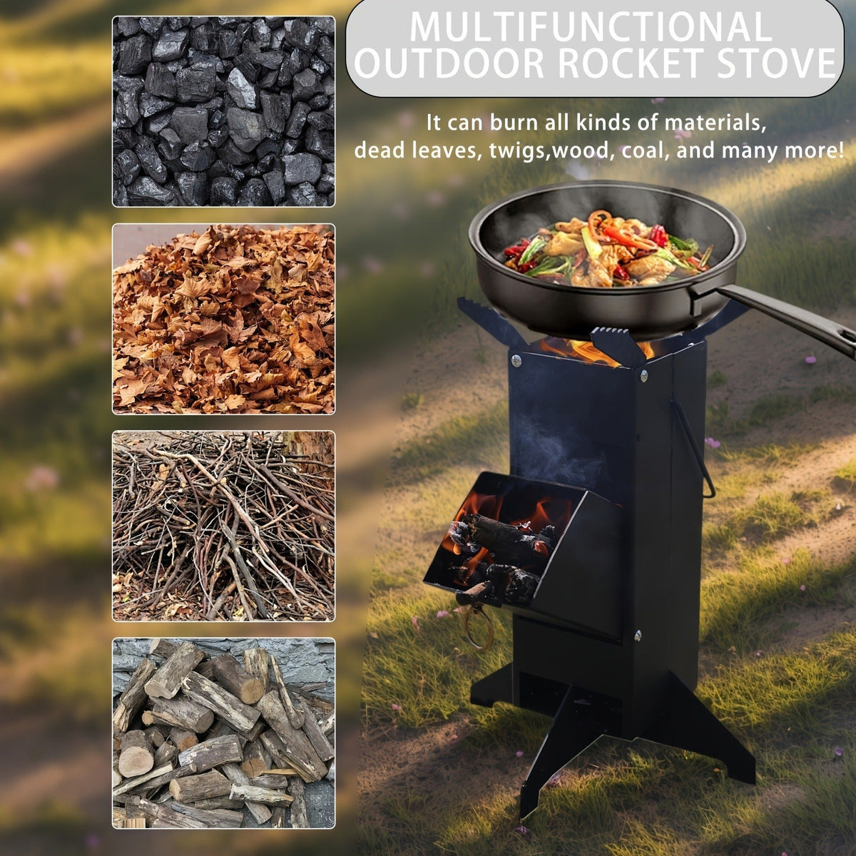 Black Rocket Stove with Detachable Side Feed Door, Four-Leg Base and Wood or Charcoal Fuel Configuration — image 3