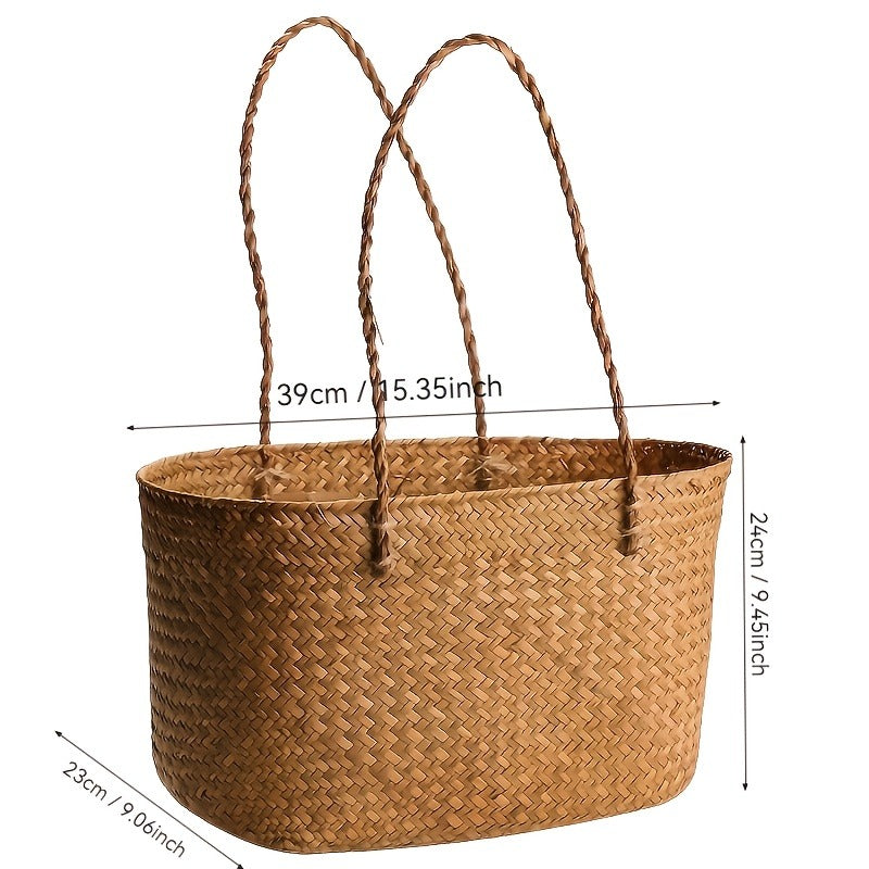 Large Woven Straw Picnic Tote Basket with Long Handles, Open Top Natural-Color Outdoor Carry Design — image 3