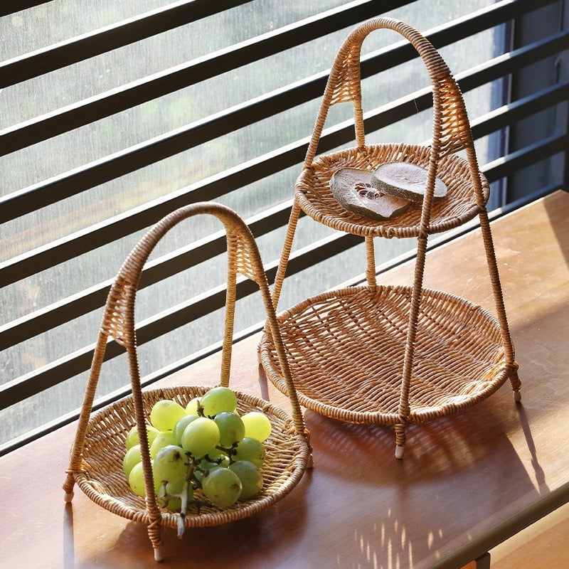 Round Tiered Serving Tray with Woven-Look Frame in Single- or Two-Layer Light Coffee Configurations — image 4