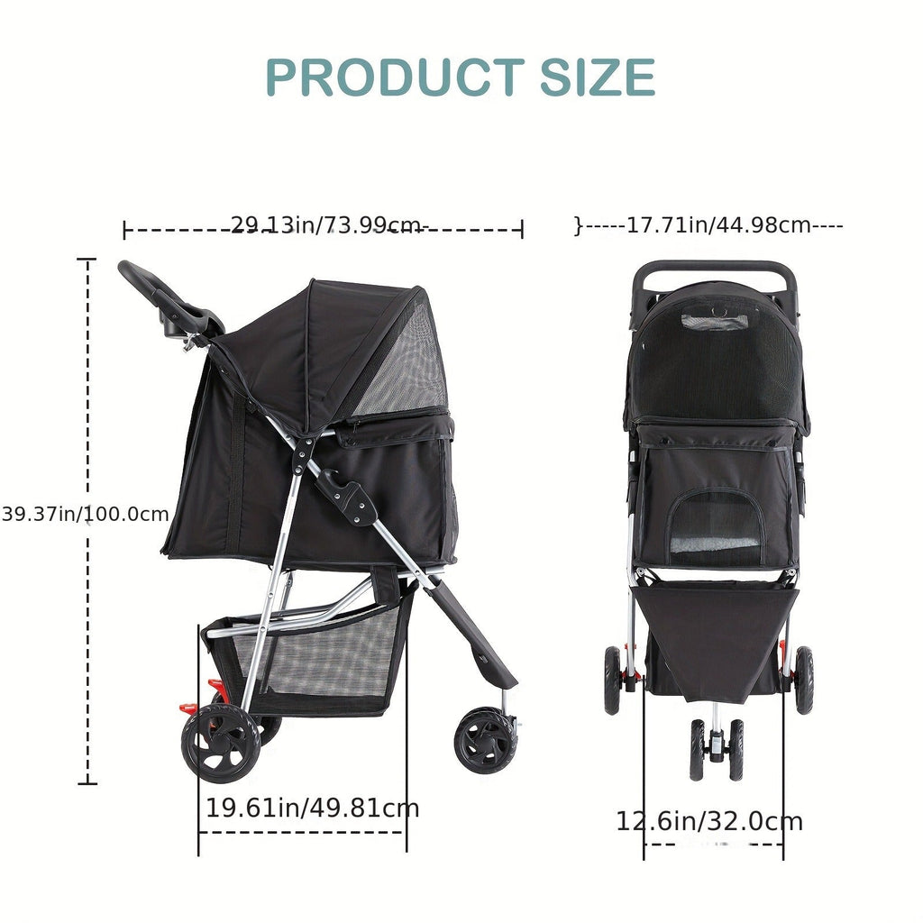 Black Three-Wheel Pet Stroller with Mesh Cabin, Front Cover, Cup Tray and Lower Storage Basket — image 11