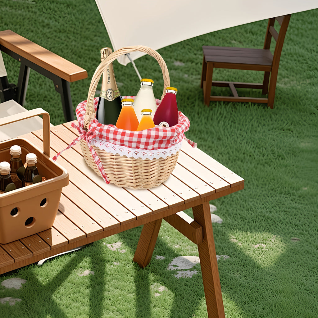 Large Wicker Picnic Basket with Split Lid, Central Carry Handle and Red Checkered Textile Lining — image 3